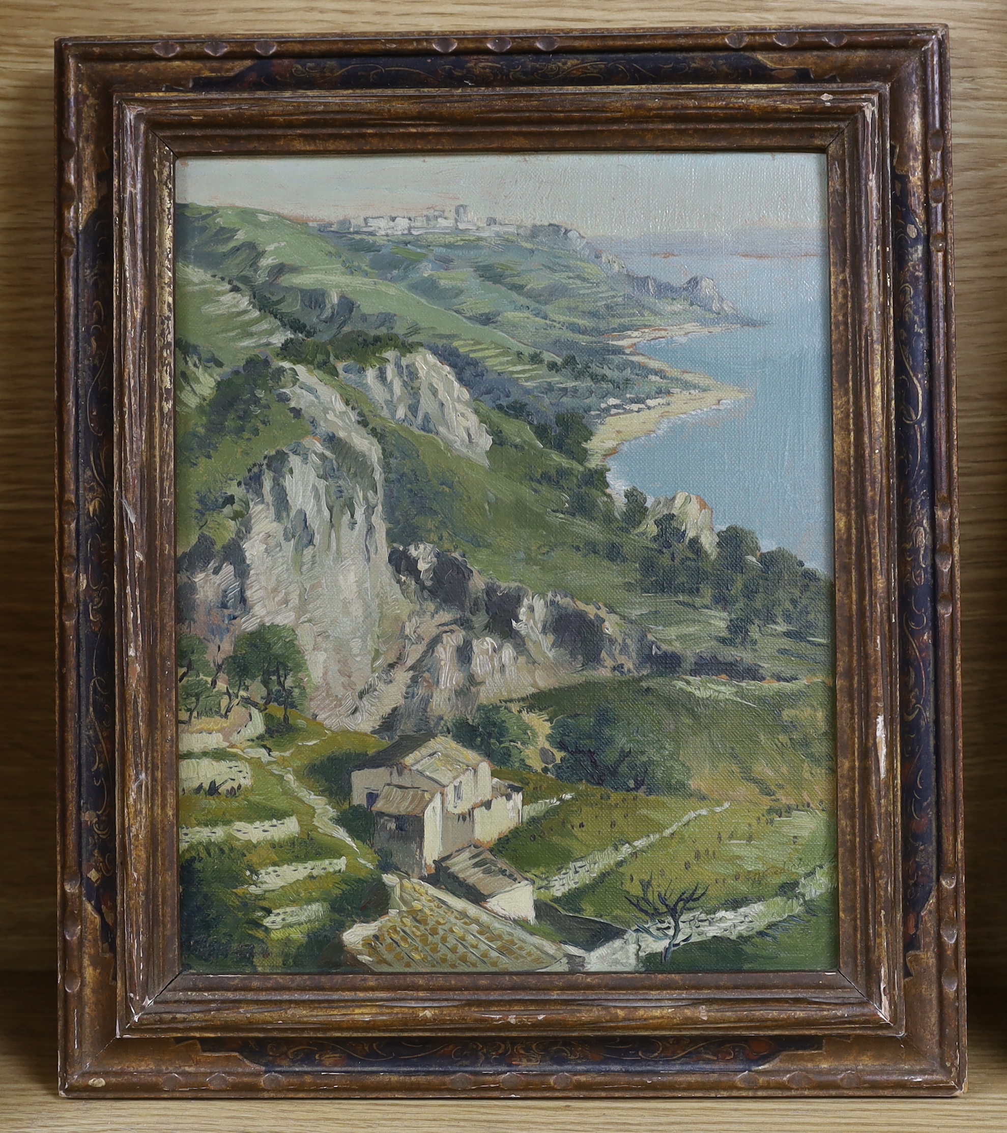 Continental school, oil on board, Coastal landscape with villas, indistinctly signed, 25cm x 19cm